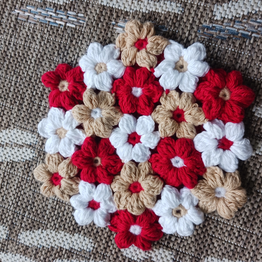 Handmade Floral Crochet Coaster - Red, White, Tan